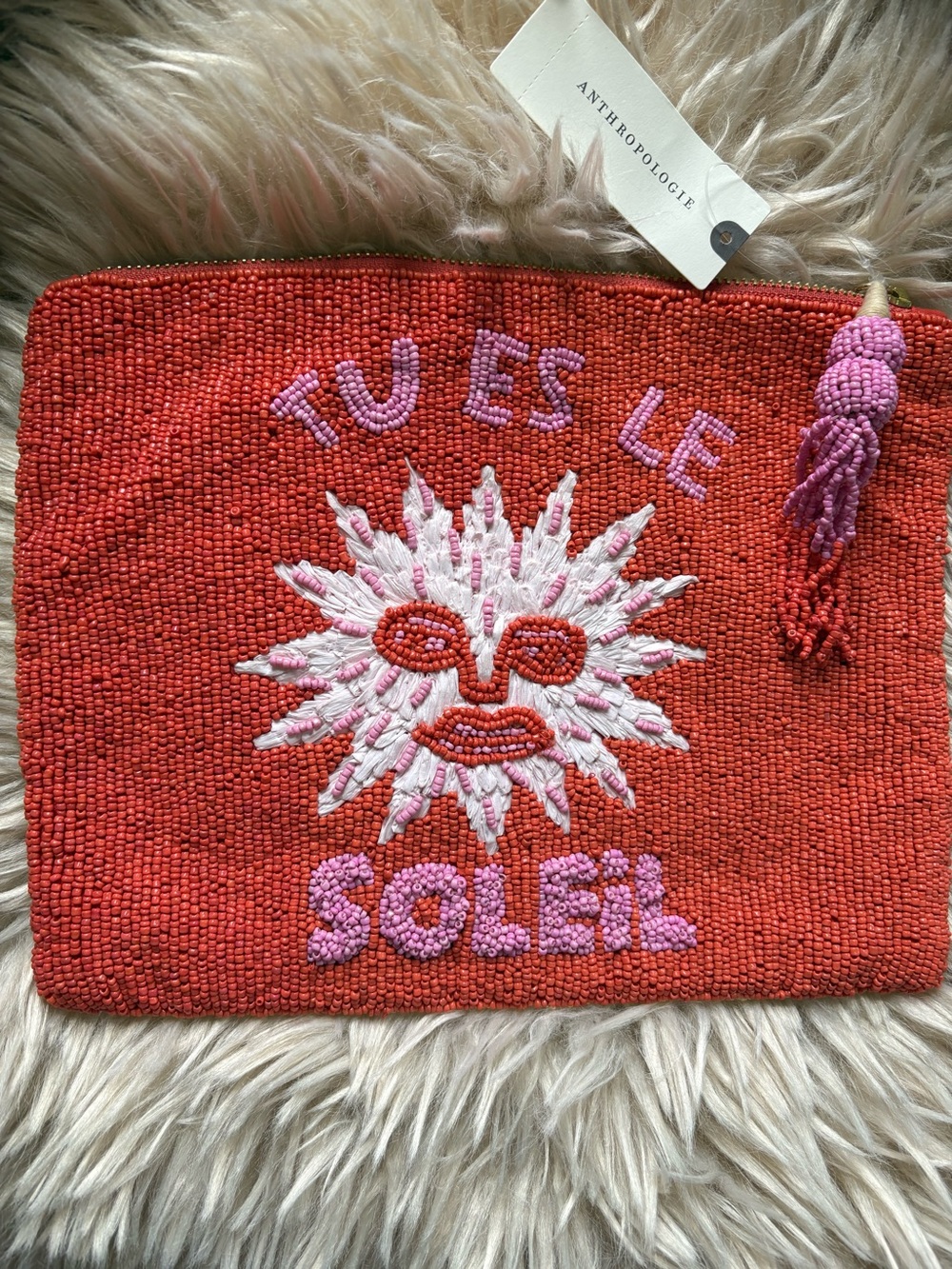 New Anthropologie 'Tu Es Le Soleil' Beaded Pouch Two Sided Flower-Butterfly